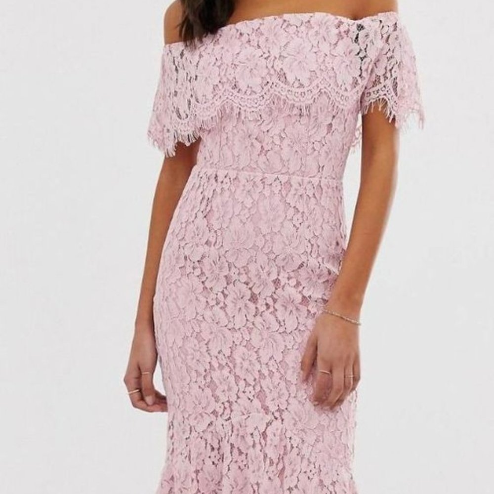 ASOS Pink Lace Off-the-Shoulder Midi Dress